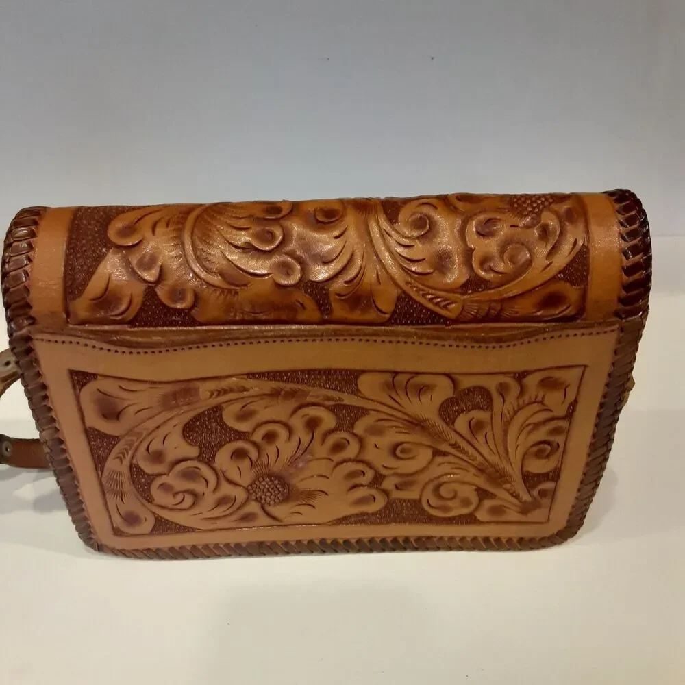 Vintage Hand Tooled Leather Shoulder/Handbag Adjustable Tobacco